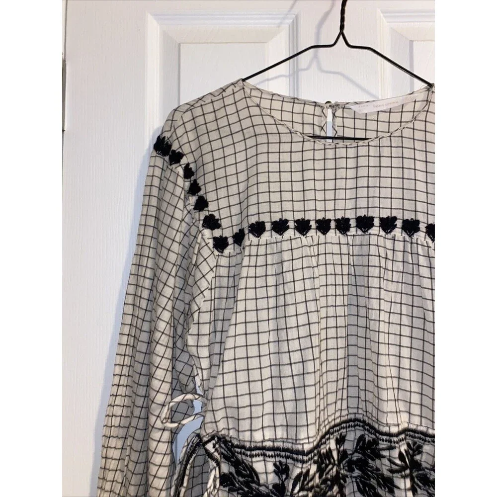 Zara Trafaluc Blouse Grid White Black Embroidered Side Tie Top Size Medium Fall